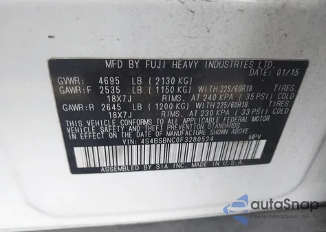 2015 Subaru Outback 2.5I Limited z USA, uszkodzony, nr VIN 4S4BSBNC0F3280524